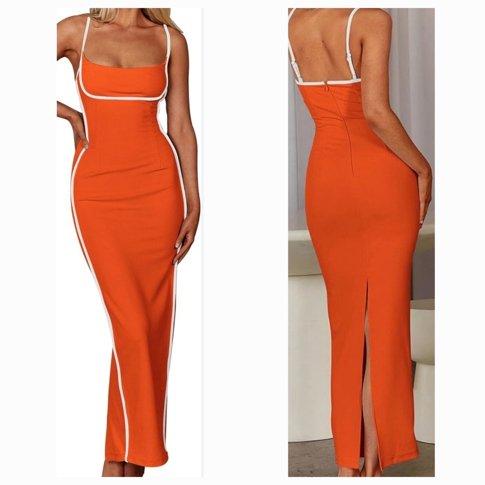 Orange Maxi Dress with White Accents